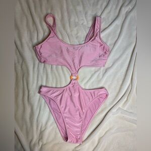 Pink Ribbed Monokini cut out one piece swimsuit with orange ring detail